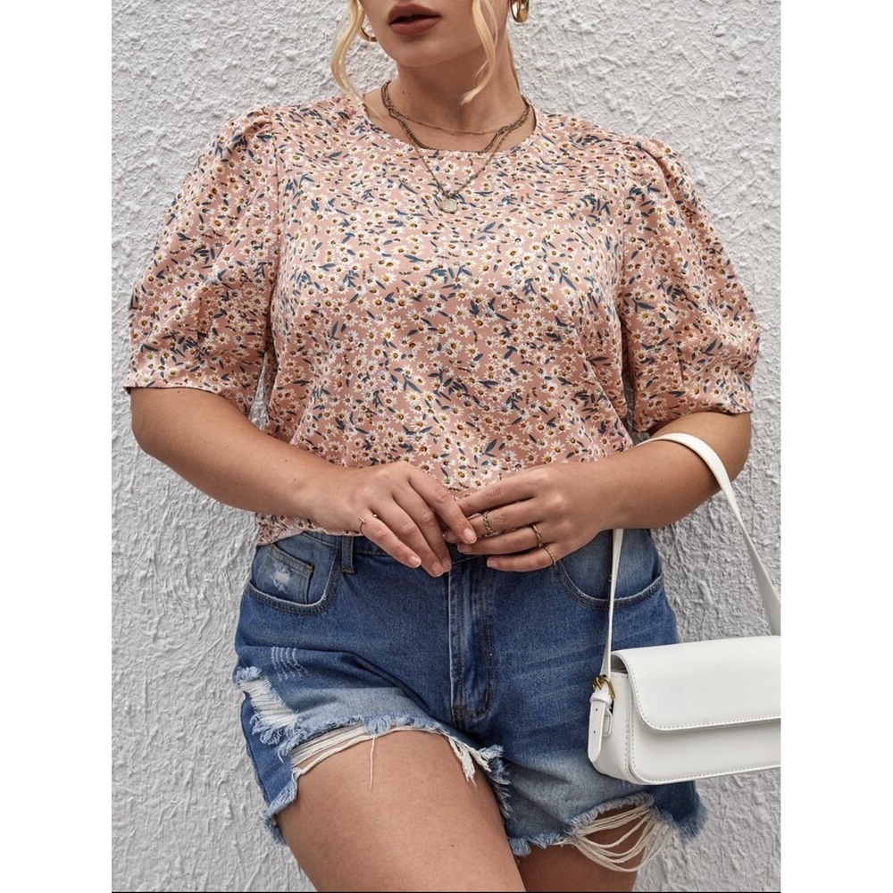 Emery Rose Pink Ditsy Floral Puff Sleeve Blouse 4X Boho Cottagecore Daisy Top - Picture 6 of 9